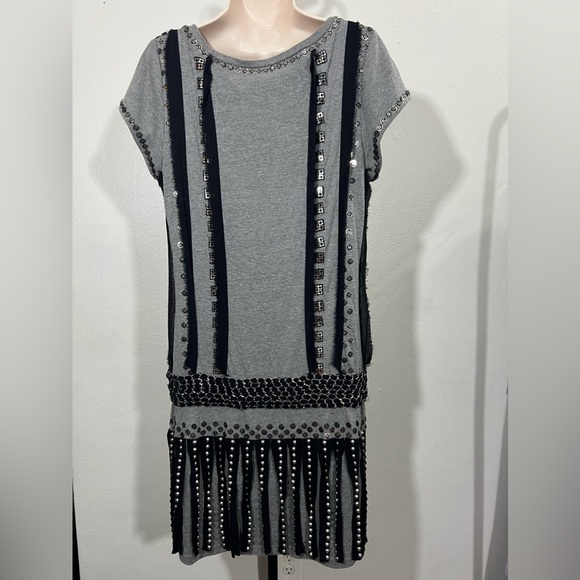 Jovani M145 Fringe Short Dress Cocktail crew neck grey and black size 14 dress - Picture 8 of 13
